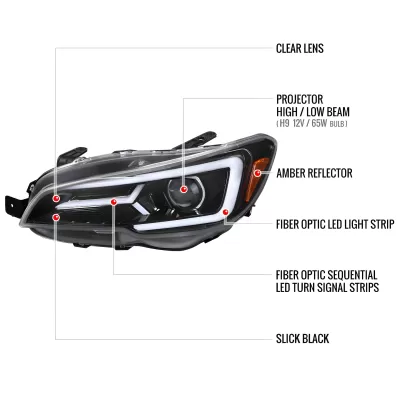 Subaru WRX STI - 2015 to 2021 - Sedan [All] (Jet Black) (Projector, LED Accent Lights) (Sequential LED Turn Signal) (Not Compatible With OEM LED DRL Lights)