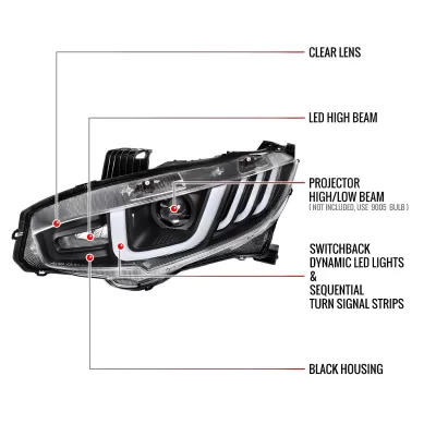 Honda Civic - 2016 to 2020 - 2 Door Coupe [All Except Touring] (Projector, LED U-Bar Sequential Accent Lights) (Smoked Lens) (LED High Beams)