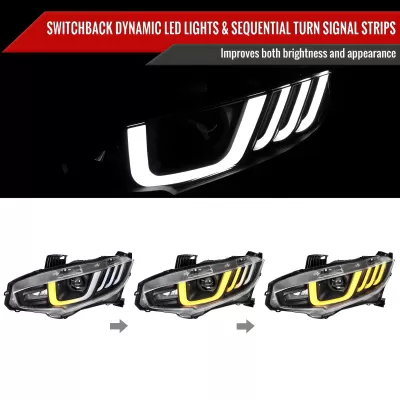 Honda Civic - 2017 to 2021 - 4 Door Hatchback [EX, EXL, LX, Sport] with 1.5L & Turbo (Projector, LED U-Bar Sequential Accent Lights) (Smoked Lens) (LED High Beams)