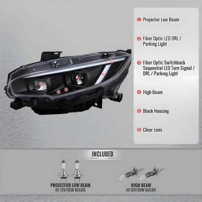 Honda Civic - 2016 to 2021 - 4 Door Sedan [All Except Touring] (Projector, Fiber Optic LED Sequential Accent Lights) (Gloss Black)