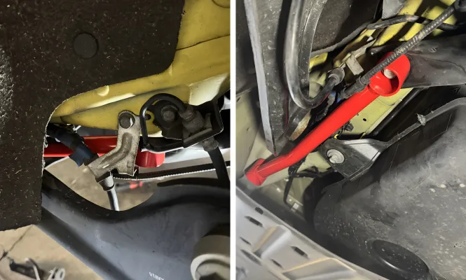 Honda Civic - 2017 to 2020 - 4 Door Sedan [Si] (Rear Subframe Links) : Shows bent parking brake harness bracket to allow clearance for subframe link install.