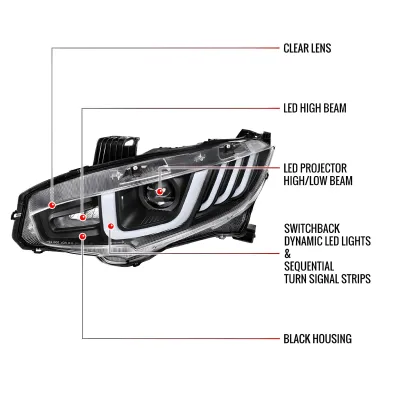 Honda Civic - 2017 to 2021 - 4 Door Hatchback [Sport Touring] (LED Projector, LED U-Bar Sequential Accent Lights) (LED High Beams)