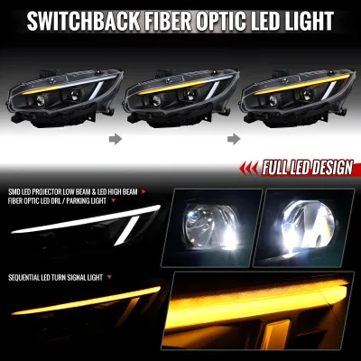 Honda Civic - 2017 to 2021 - 4 Door Hatchback [Sport Touring] (LED Projector, Fiber Optic LED Sequential Accent Lights) (Matte Black) (LED High Beams)