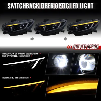 Honda Civic - 2016 to 2021 - 4 Door Sedan [Touring] (LED Projector, Fiber Optic LED Sequential Accent Lights) (Gloss Black Housing) (Smoked Lens) (LED High Beams)