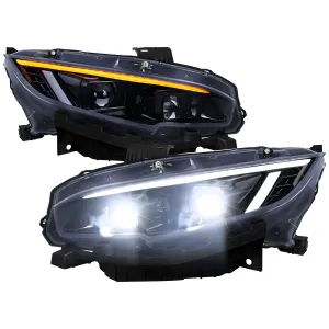 Honda Civic - 2016 to 2021 - 4 Door Sedan [Touring] (LED Projector, Fiber Optic LED Sequential Accent Lights) (Gloss Black Housing) (Smoked Lens) (LED High Beams)