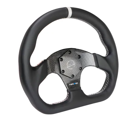 Universal (Rigid) (Silver Carbon Fiber Spokes, Black Leather Grip With Silver Center Mark) (Silver Stitching) (320mm Diameter)