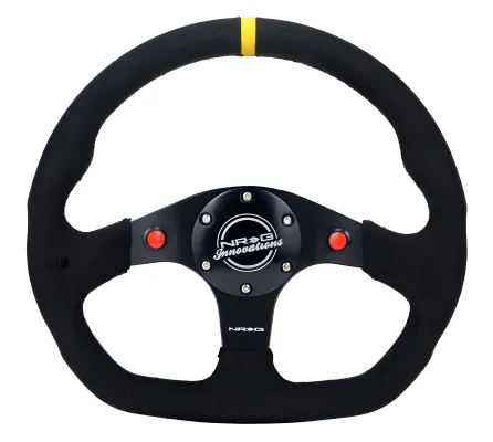 Universal (Rigid) (Black Spokes, Black Alcantara Grip With Yellow Center Mark) (Black Stitching) (Dual Push-Button) (320mm Diameter)