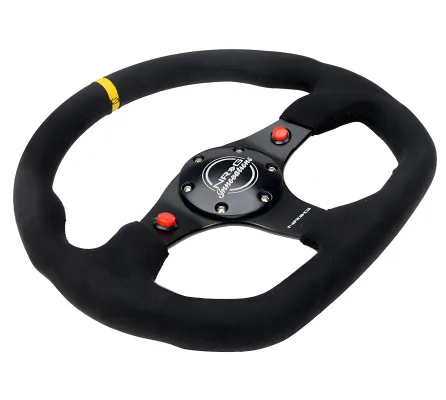 Universal (Rigid) (Black Spokes, Black Alcantara Grip With Yellow Center Mark) (Black Stitching) (Dual Push-Button) (320mm Diameter)
