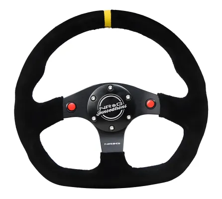 Universal (Rigid) (Black Spokes, Black Suede Grip With Yellow Center Mark) (Black Stitching) (Dual Push-Button) (320mm Diameter)