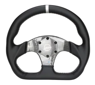Universal (Rigid) (Silver Carbon Fiber Spokes, Black Leather Grip With Silver Center Mark) (Silver Stitching) (320mm Diameter)