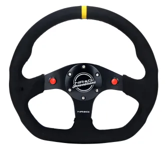 Universal (Rigid) (Black Spokes, Black Alcantara Grip With Yellow Center Mark) (Black Stitching) (Dual Push-Button) (320mm Diameter)