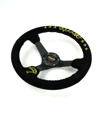 Universal (NVRFANS Edition) (Black Suede Rim With Black Anodized Spokes) (Custom Yellow Embroidery and Purple Stitching) (Custom Horn Button) (350mm Diameter) (3