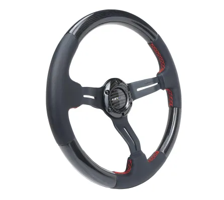 Universal (Gloss Carbon Fiber Rim, Black Anodized Slotted Spokes) (Perforated Leather Grip Accents With Red Stitching) (350mm Diameter) (1.5