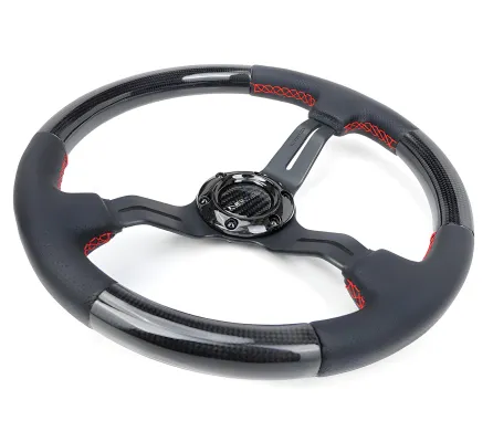 Universal (Gloss Carbon Fiber Rim, Black Anodized Slotted Spokes) (Perforated Leather Grip Accents With Red Stitching) (350mm Diameter) (1.5