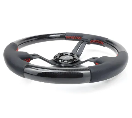 Universal (Gloss Carbon Fiber Rim, Black Anodized Slotted Spokes) (Perforated Leather Grip Accents With Red Stitching) (350mm Diameter) (1.5