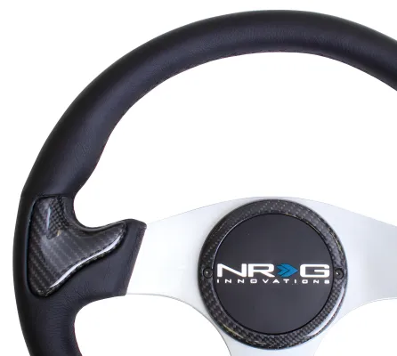 Universal (Leather Rim With Carbon Fiber Grip Accents, Silver Anodized Spokes) (Rubber Horn Button) (350mm Diameter) (1