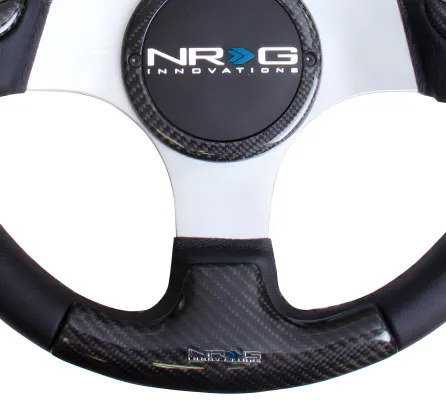 Universal (Leather Rim With Carbon Fiber Grip Accents, Silver Anodized Spokes) (Rubber Horn Button) (350mm Diameter) (1
