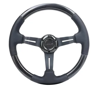 Universal (Gloss Carbon Fiber Rim, Black Anodized Slotted Spokes) (Perforated Leather Grip Accents With Black Stitching) (350mm Diameter) (1.5