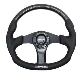 Universal (Oval Bottom) (Gloss Carbon Fiber Rim, Black Anodized and Carbon Fiber Spokes) (Leather Grip Accents) (350mm Diameter)