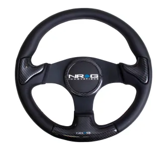 Universal (Leather Rim With Carbon Fiber Grip Accents, Black Anodized Spokes) (Rubber Horn Button) (350mm Diameter) (1