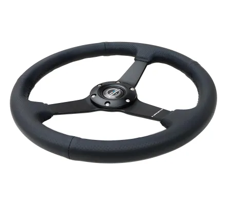 Universal (Rigid) (Perforated Black Leather Rim, Matte Black Spokes) (Black Stitching) (350mm Diameter) (1.5